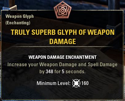 Eso weapon damage glyph - Online:Glyph of Flame. Glyphs of Flame are created by using a Rakeipa rune and an Additive Potency rune. They can be applied to any weapon of equal or greater level, and will add Flame Damage to your attacks.